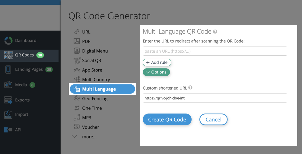 Crea un codice QR multilingue