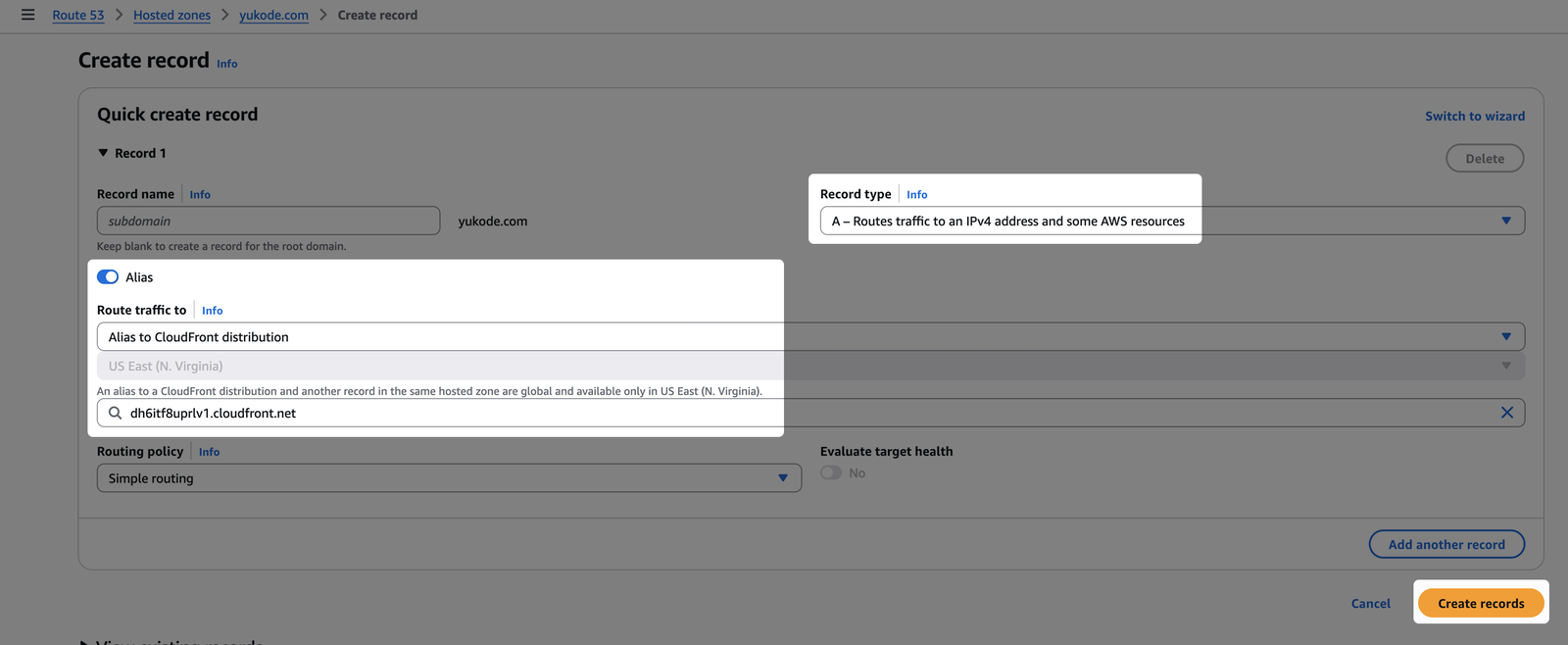 Choose A-Record, enable Alias, select Alias to CloudFront distribution and pick the CloudFront distribution you just created