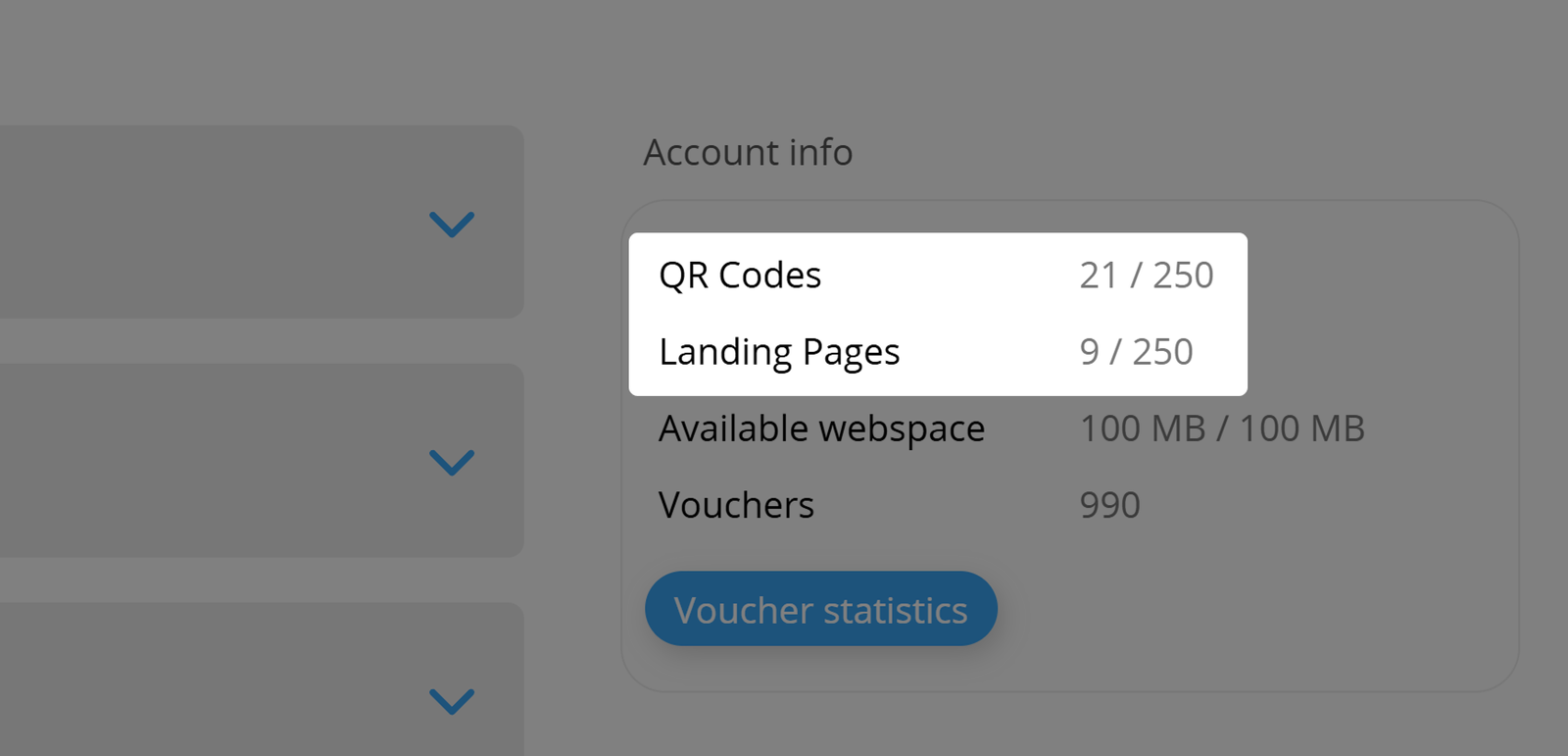 Schermata di QR Code e Landing Page Quota nel menu utente 