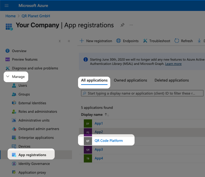 Gehen Sie zu Verwalten > App-Registrierungen, wählen Sie Alle Anwendungen und klicken Sie auf die soeben erstellte App