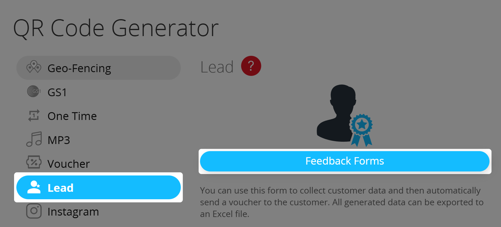 Botão destacado "Formulários de feedback" no Gerador de código QR