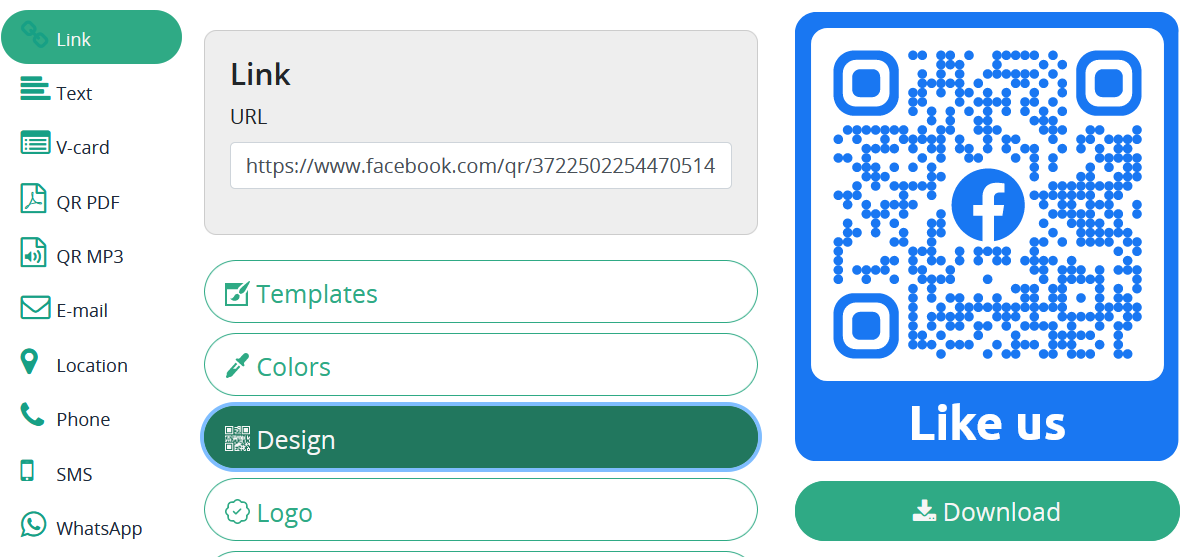 Designer QR Code Editor mit Facebook Vorlage