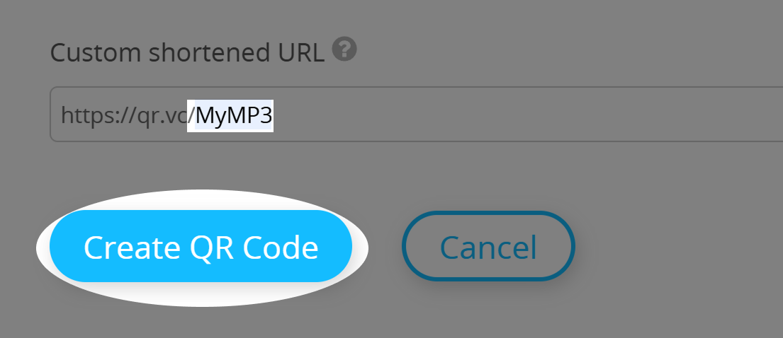 Captura de tela do botão "Create QR Code" (Criar código QR) e URL curto. 
