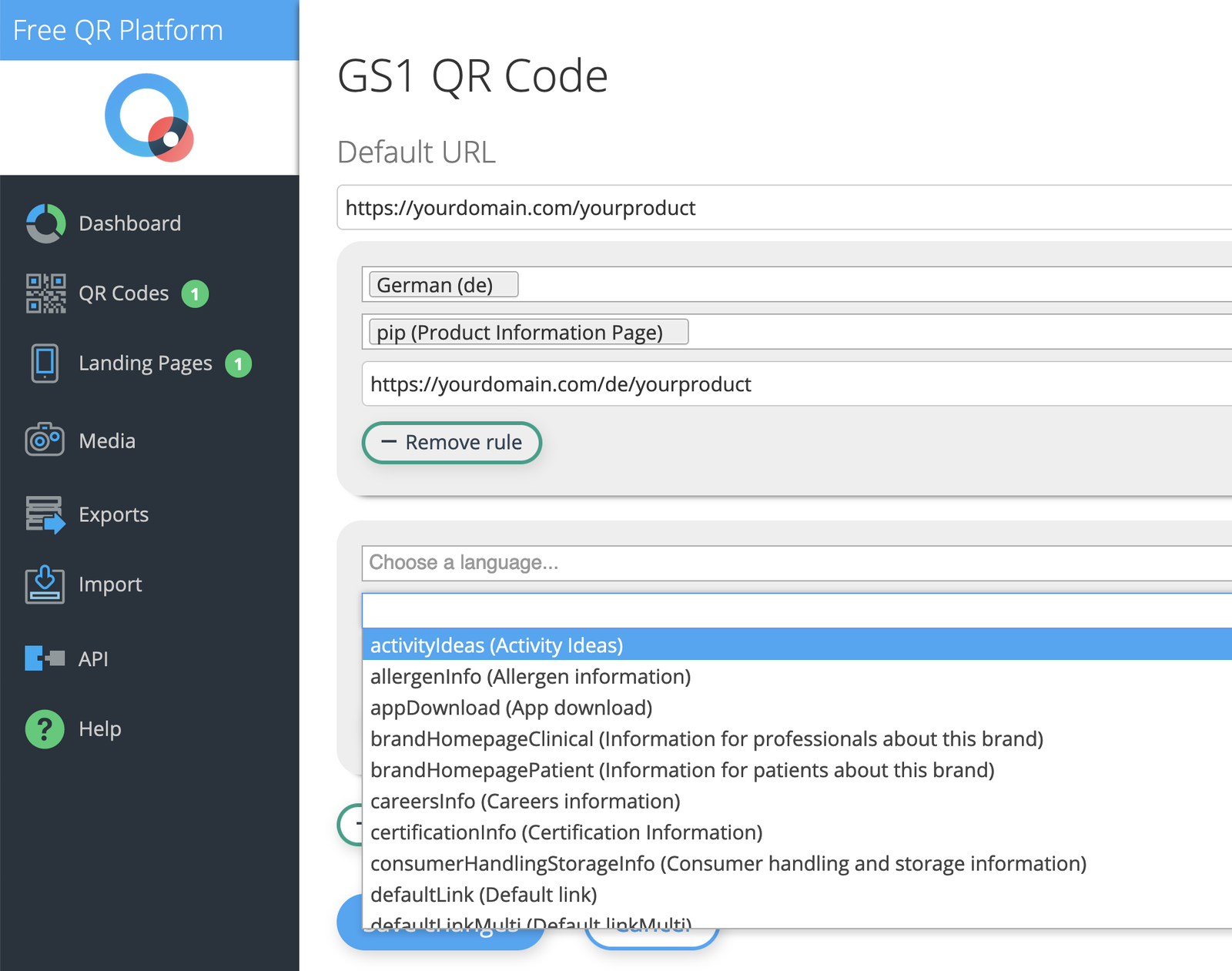 clicking into the link type dropdown field you see the list of possible link types
