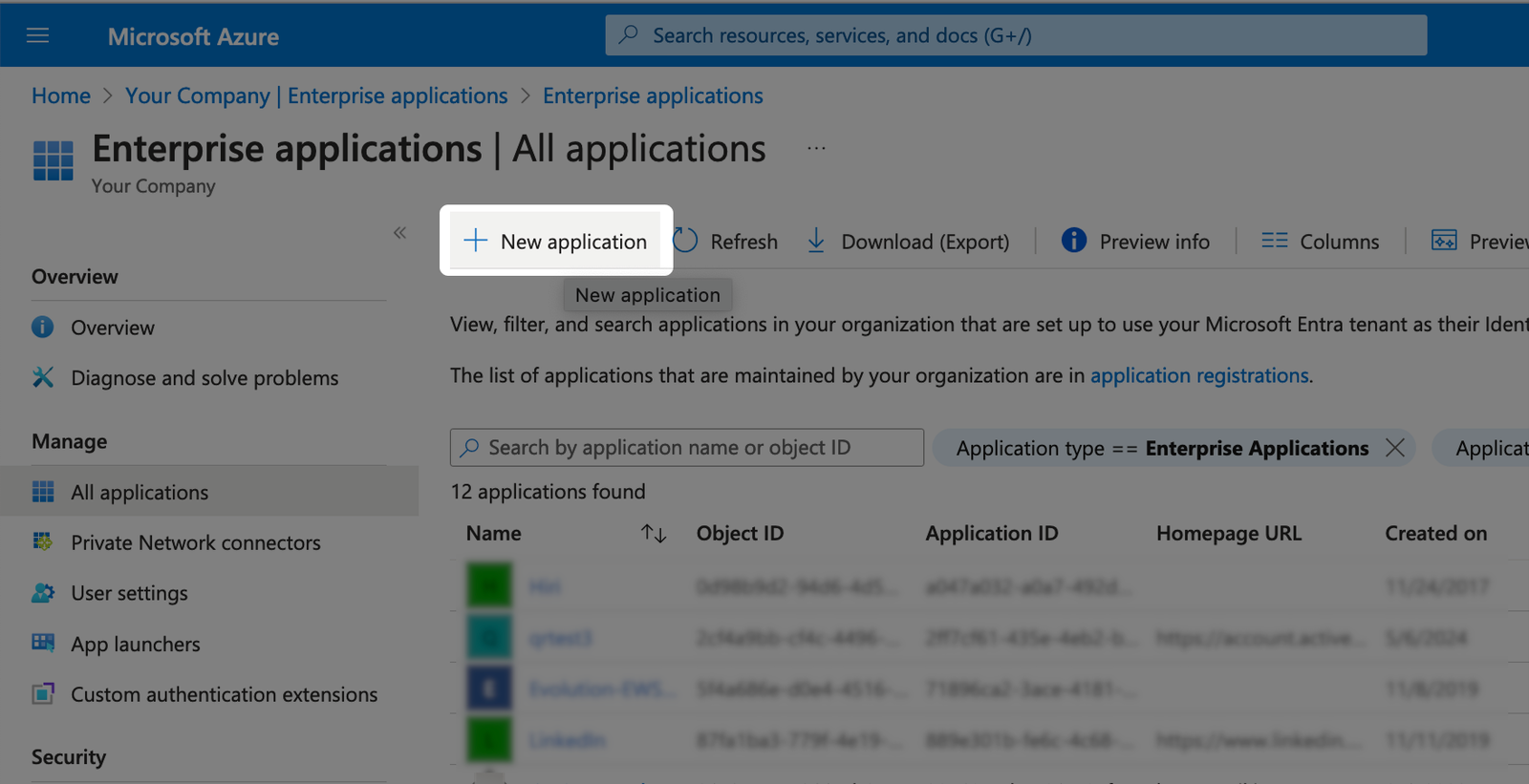 Klicken Sie auf Neue Anwendung (New application)