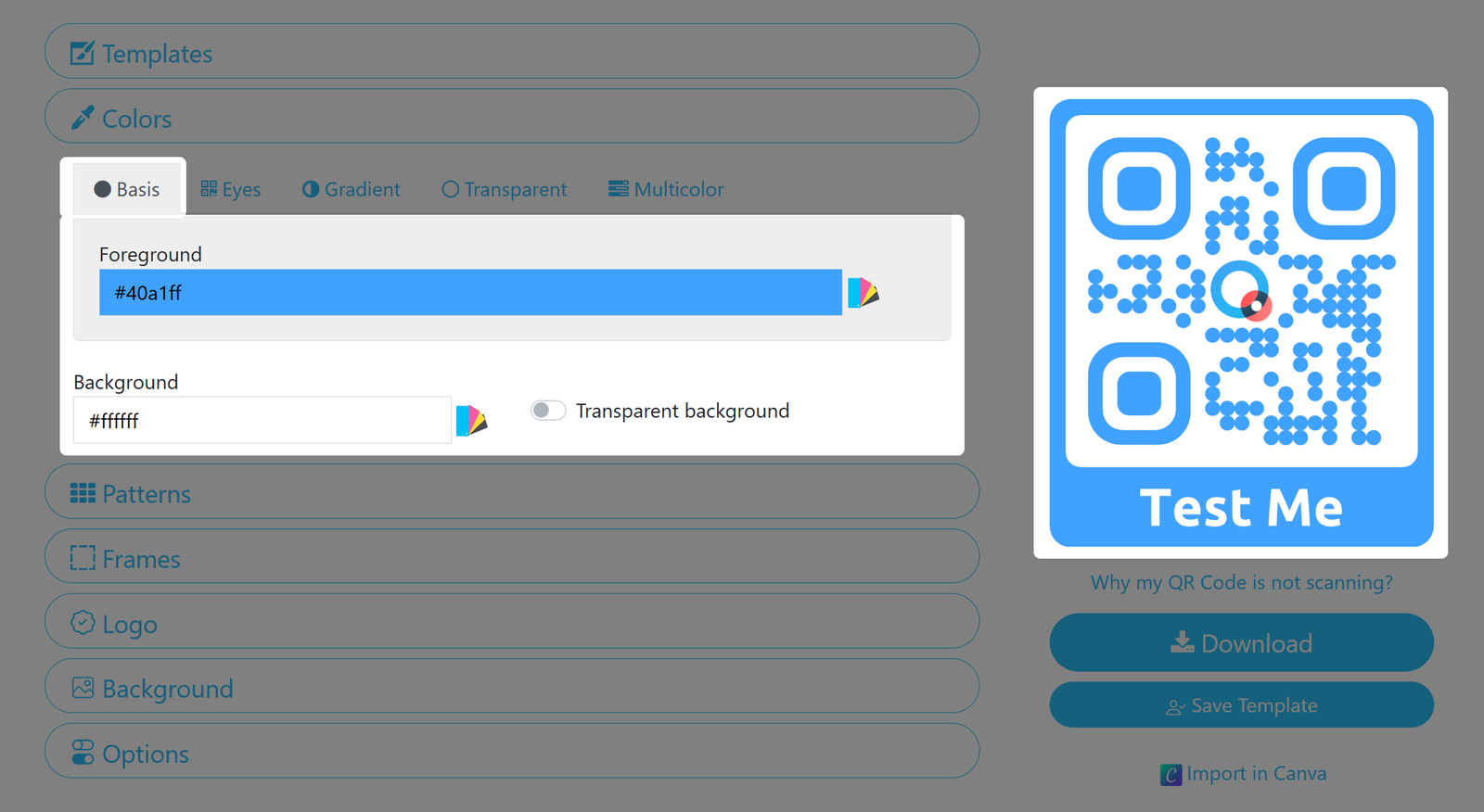 Zrzut ekranu z menu „Podstawowy kolor kodu QR” 