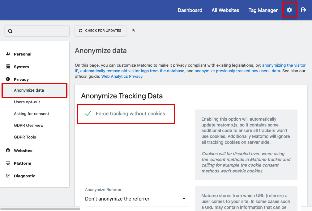 Impostazioni account Matomo - Privacy - Anonimizza i dati