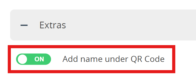 Captura de tela Opção "Add name under QR Code" (Adicionar nome sob o código QR) na guia "Extras" (Extras) 