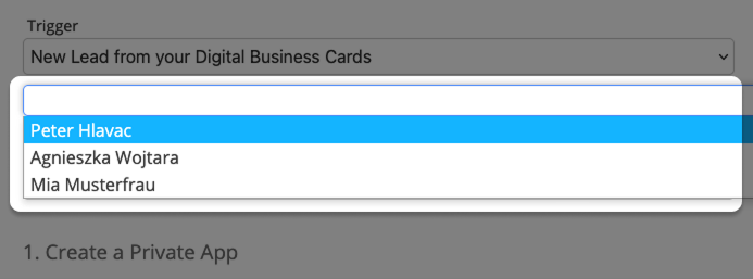 Bildschirmfoto: Integrationsformular für Zoho mit Dropdown-Filter für "Auslöser"