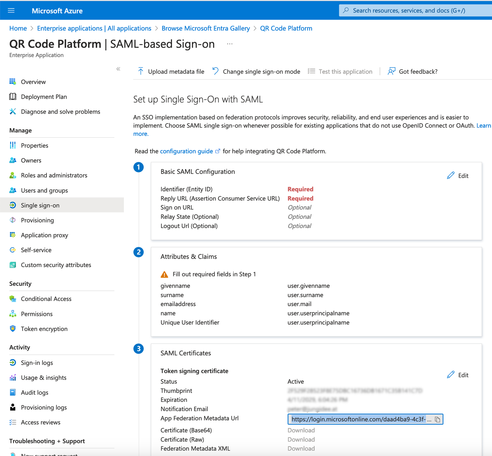 Kopieren der App-Verbundmetadaten-URL (App Federation Metadata Url)