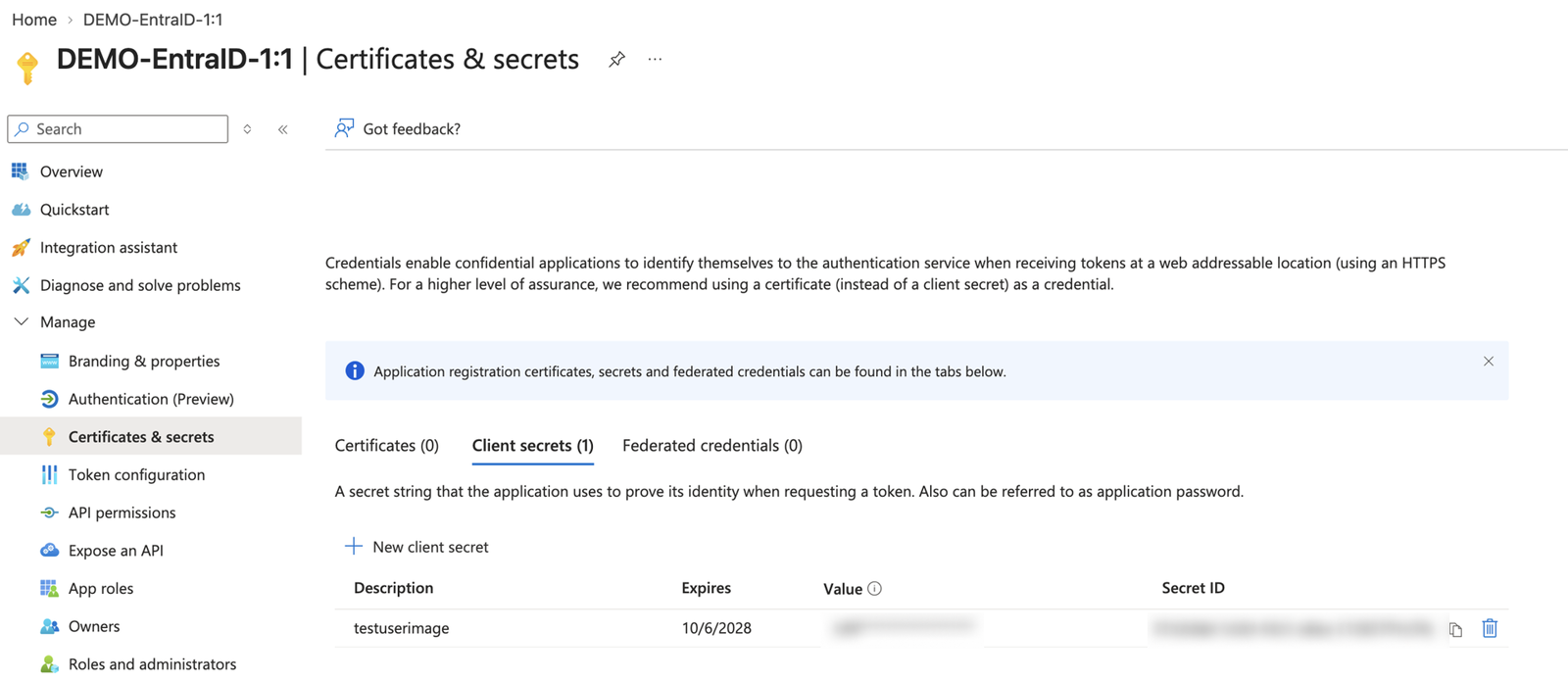 Captura de pantalla del secreto de cliente de EntraID 