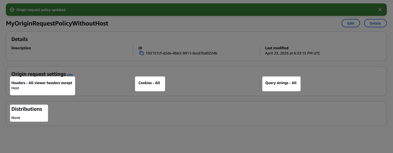 Create a Origin request policy with the following settings