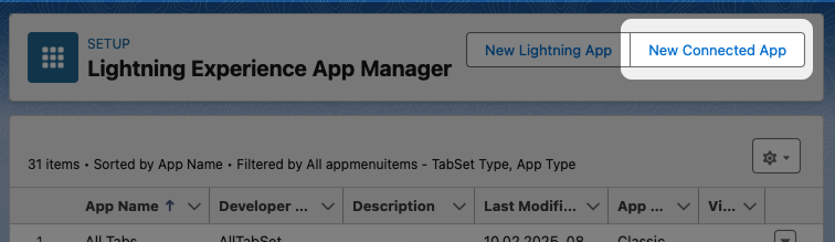 Captura de pantalla: Botón "Nueva App Conectada" resaltado