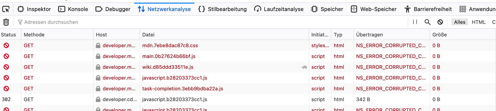 Ejemplo de errores en la pestaña de red en Firefox