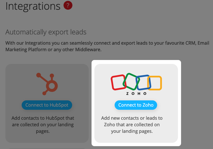 Screenshot: Integrationsübersicht mit hervorgehobener Integration "Connect to Zoho"