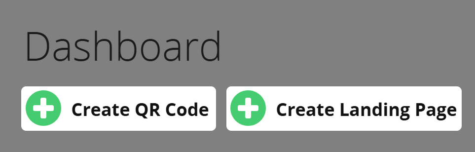 Botões destacados "Create QR Code" e "Create Landing Page" no Dashboard