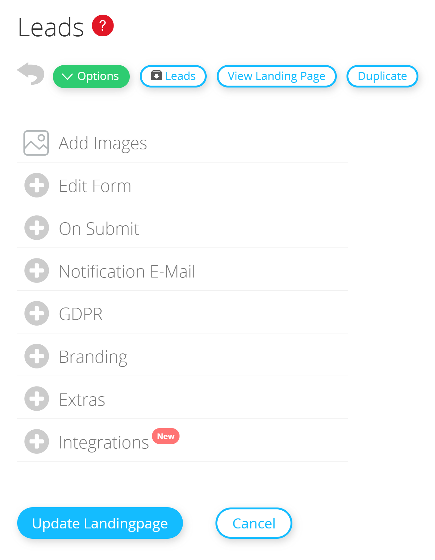 Visão geral do Lead Landing Page Editor.