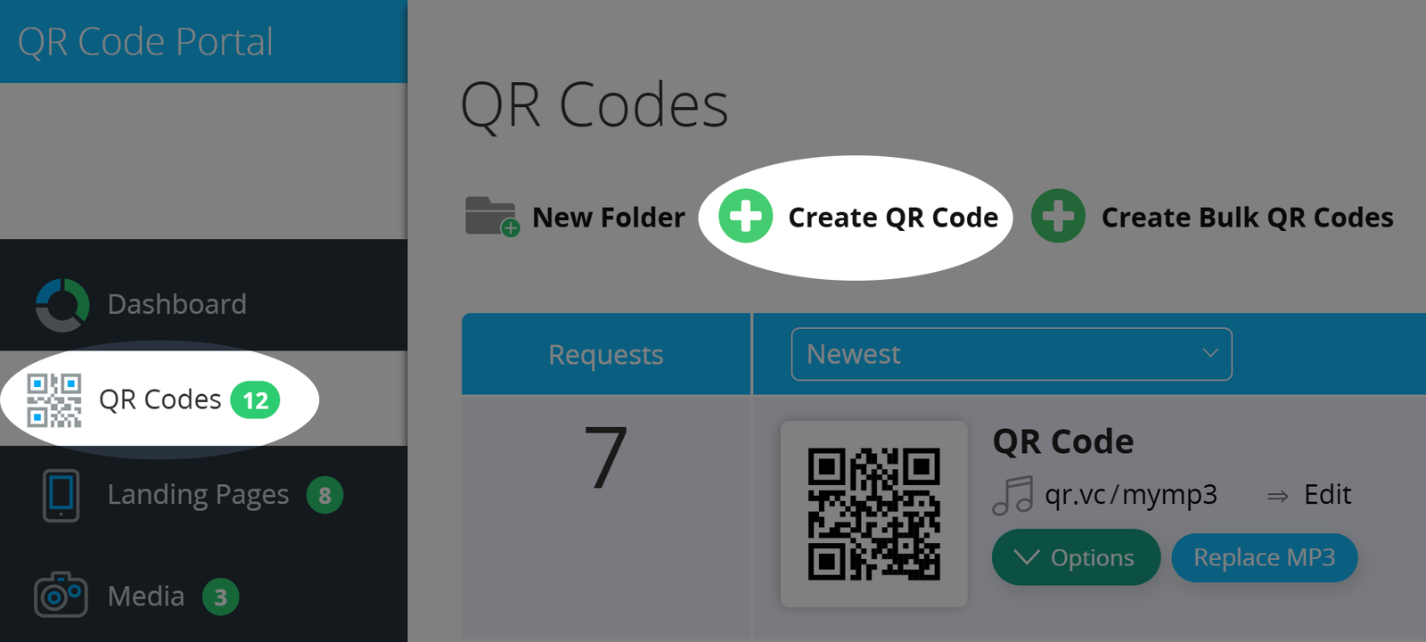 Captura de pantalla con el botón «Crear Código QR» en la vista Lista 