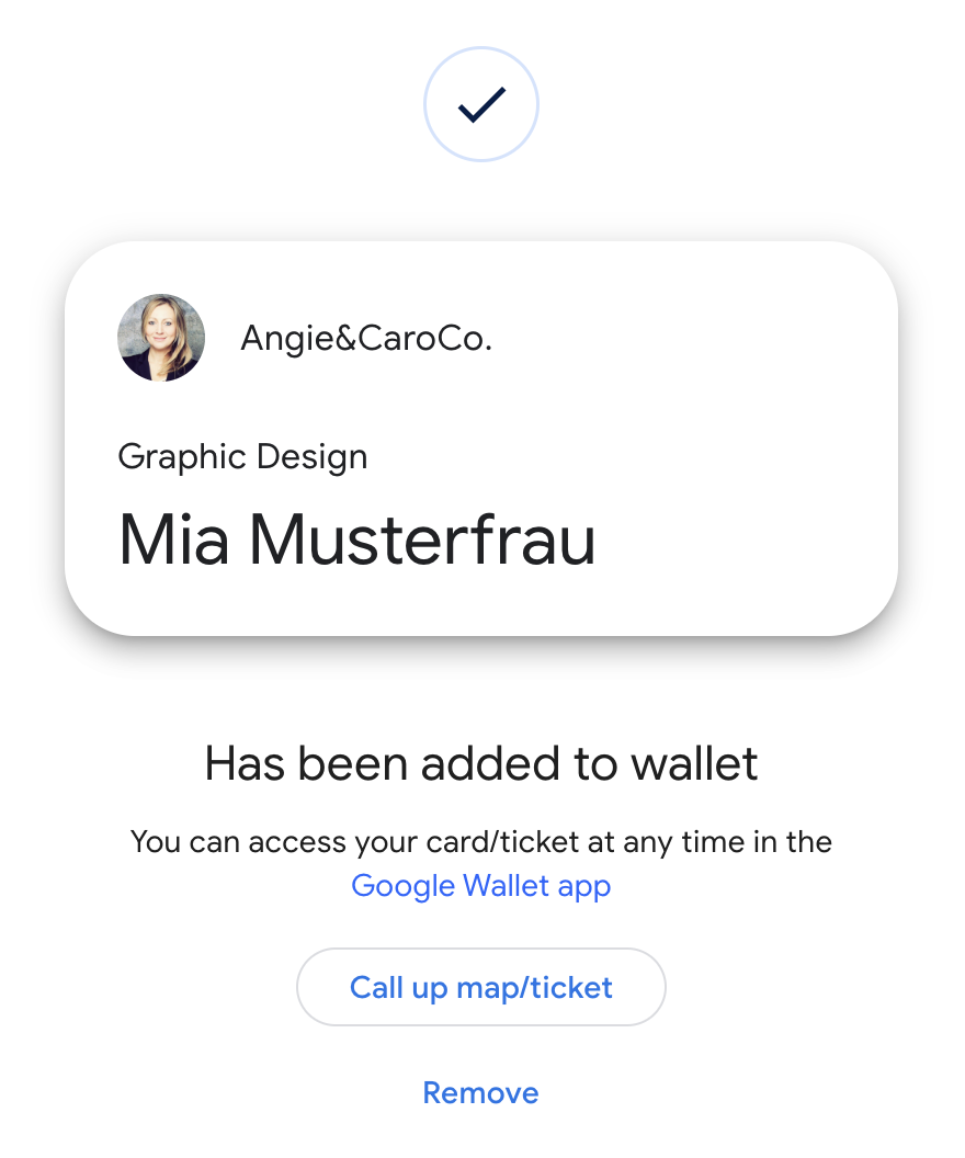 Confirmación de que la tarjeta se ha añadido a Google Wallet