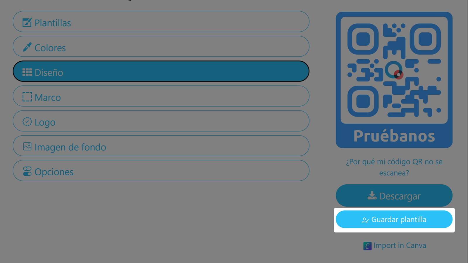 Botón «Captura de pantalla - Código QR - Guardar plantilla» 