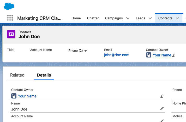Captura de pantalla: Salesforce Contact Detail for "John Doe"