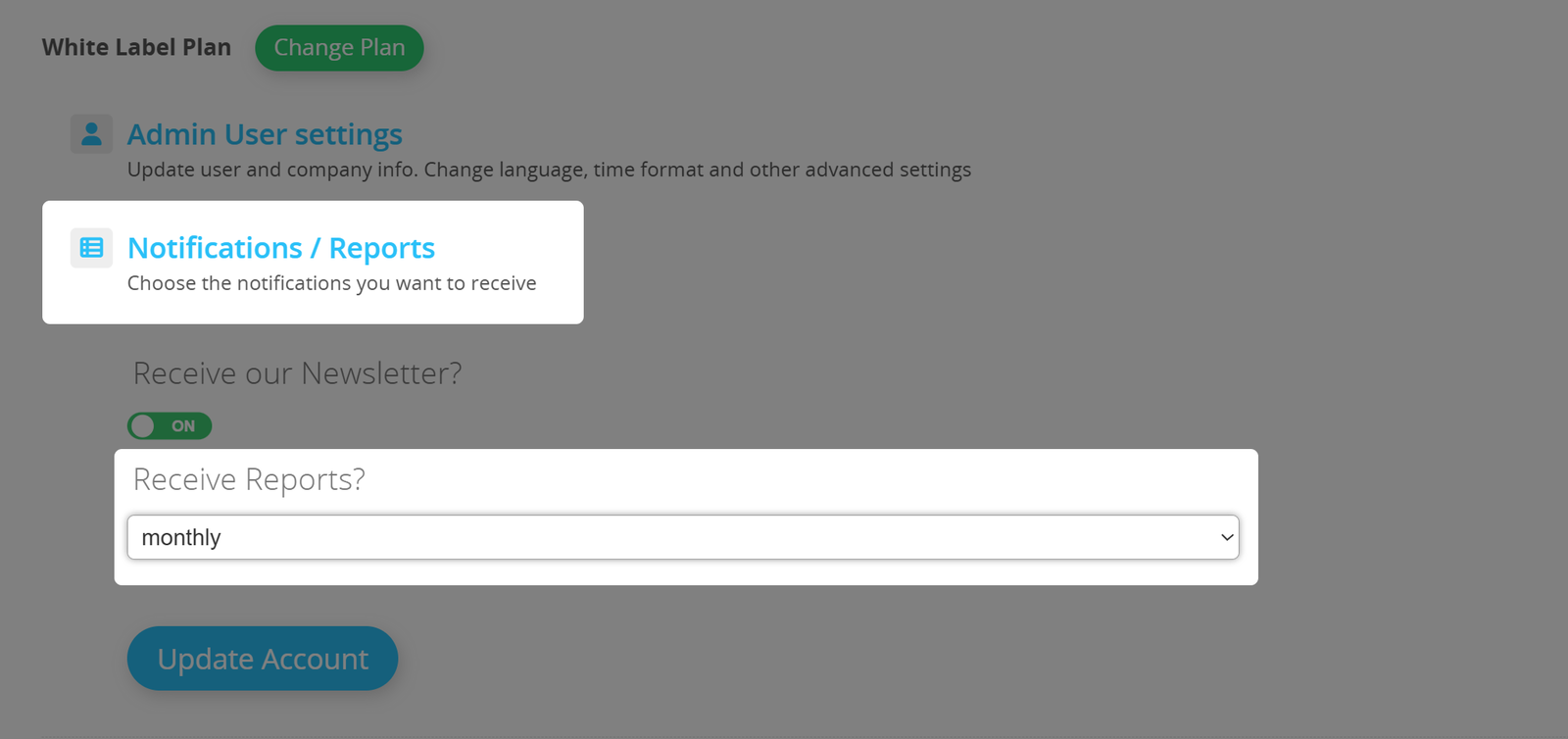 White Label admin settings