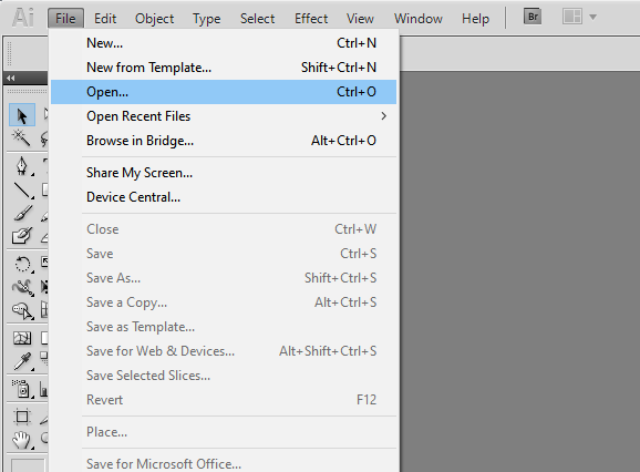 Adobe Illustrator > Open file menu