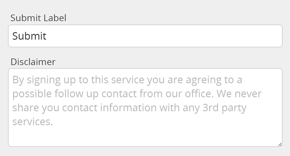 Captura de tela do rótulo do botão Enviar e do aviso de isenção de responsabilidade