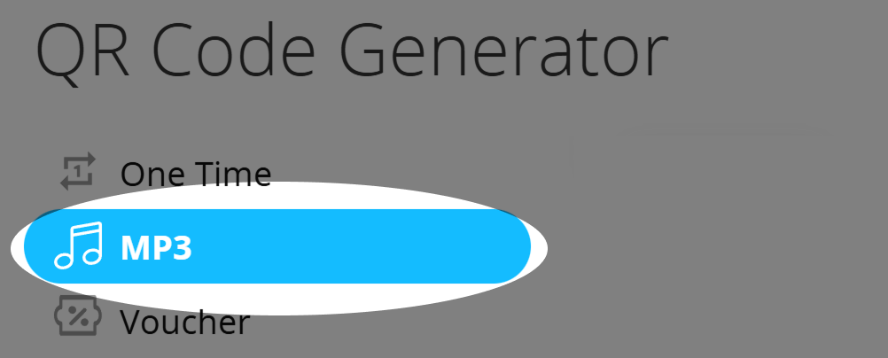 Captura de tela com o botão de seleção do tipo de código QR "MP3 QR Code" na página do gerador de código QR 