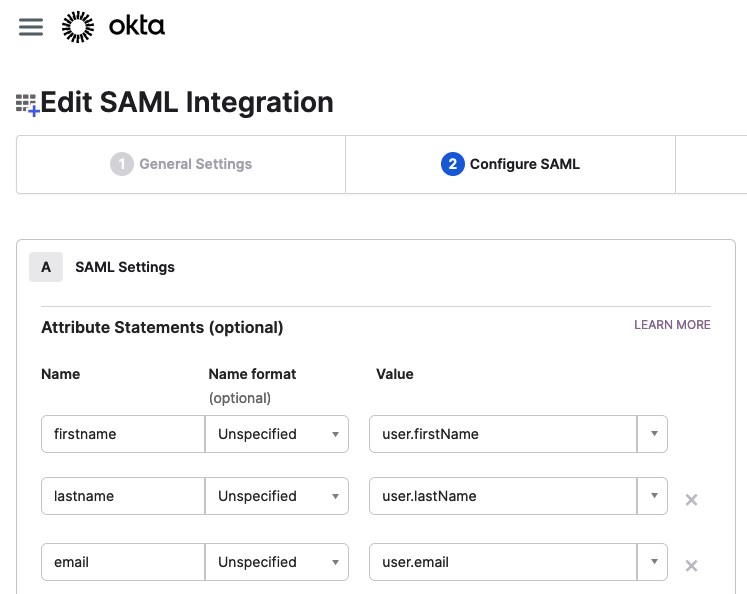 Ejemplo de asignaciones salientes SAML de IDP en Okta