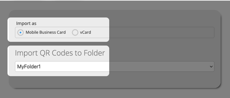 Selecione o cartão de visita móvel ou vCard e a pasta para a qual você deseja importar