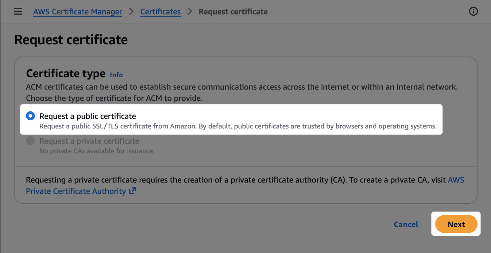 Click on Request a public certificate and the button Next