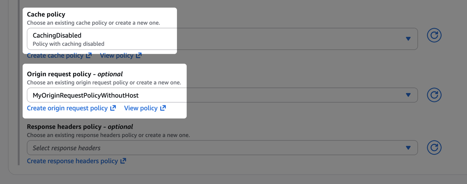 choose CachingDisabled and for the Origin request policy click on Create origin request policy