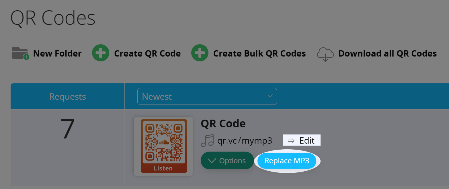 Captura de tela dos botões "Edit" (Editar) e "Replace MP3" (Substituir MP3) em QR Code Options (Opções de código QR) 