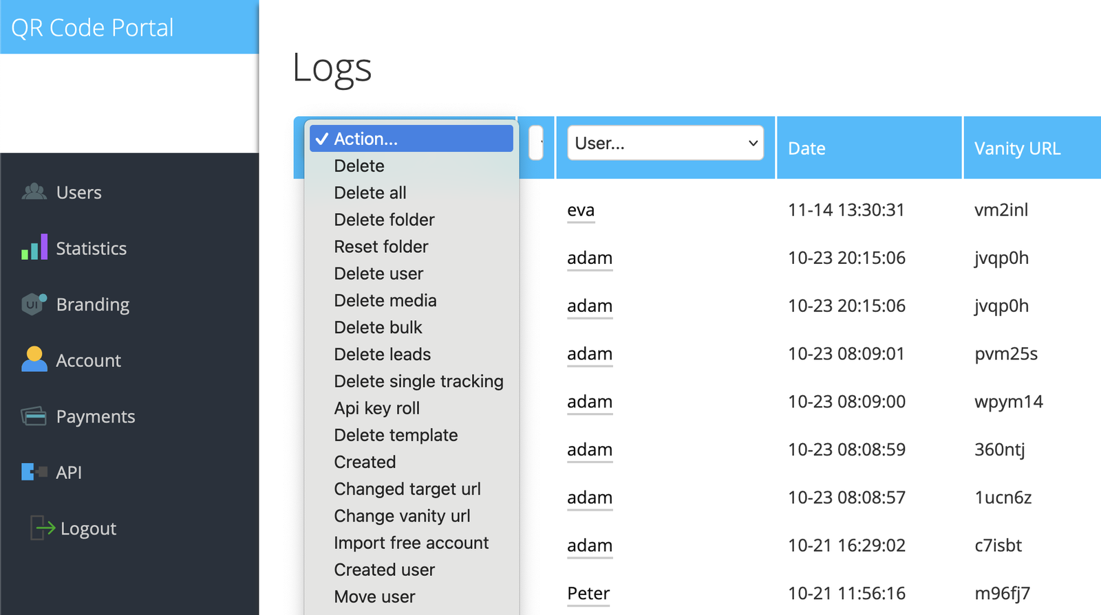 Filter logs by action type or user