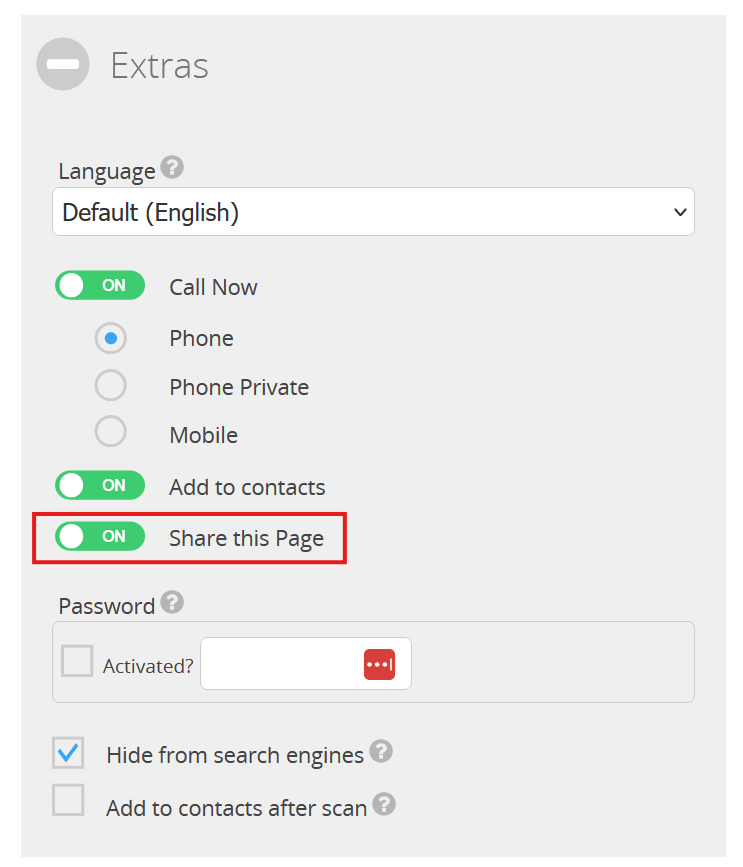Extras section on Landing page editor 