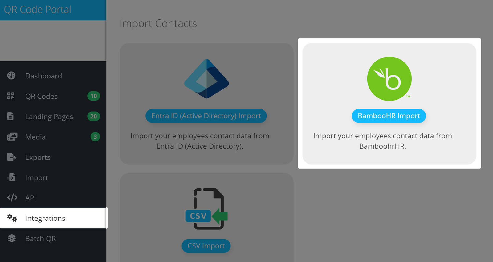 Pagina delle integrazioni della piattaforma QR Code.