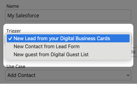 Captura de pantalla: Formulario de integración para Salesforce con lista de eventos de activación