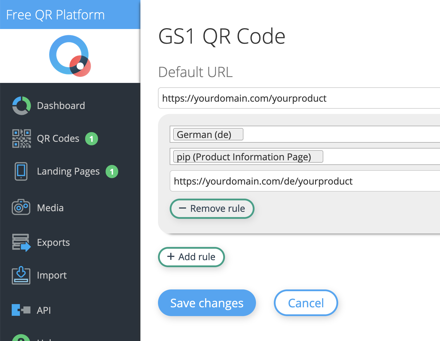 choose German in the language dropdown and choose pip (Product Information Page) as the link type. Click on Save changes.
