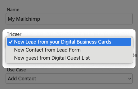Captura de pantalla: Formulario de integración para Mailchimp con lista de eventos Trigger