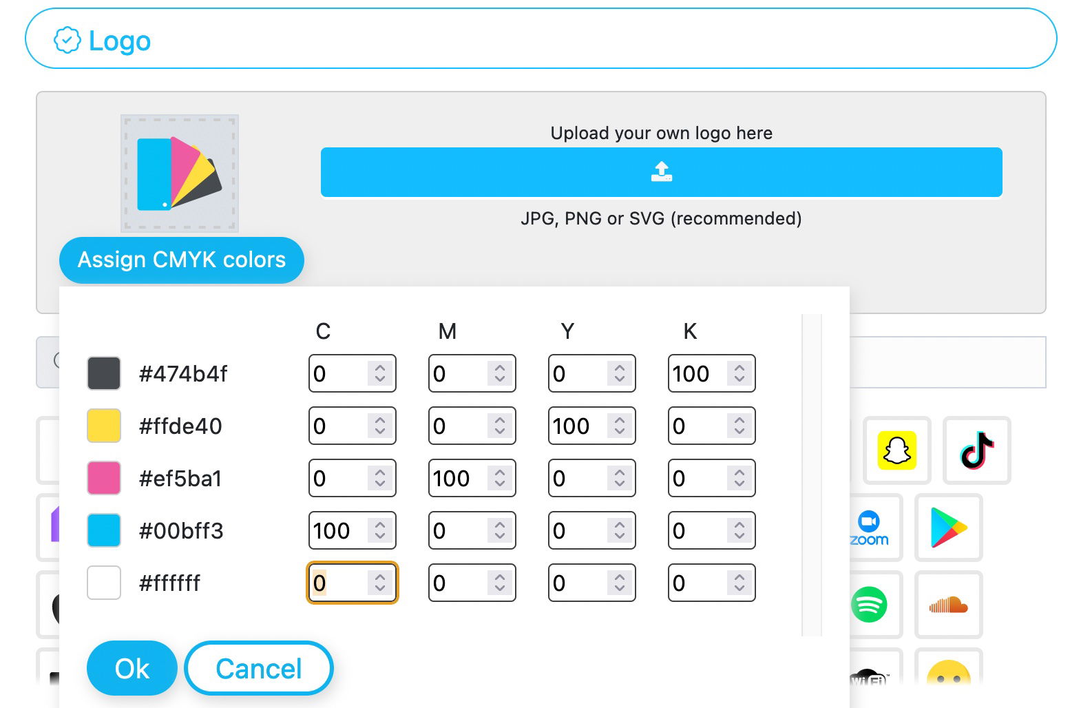 List of all colors in the logo with input mask for CMYK color values