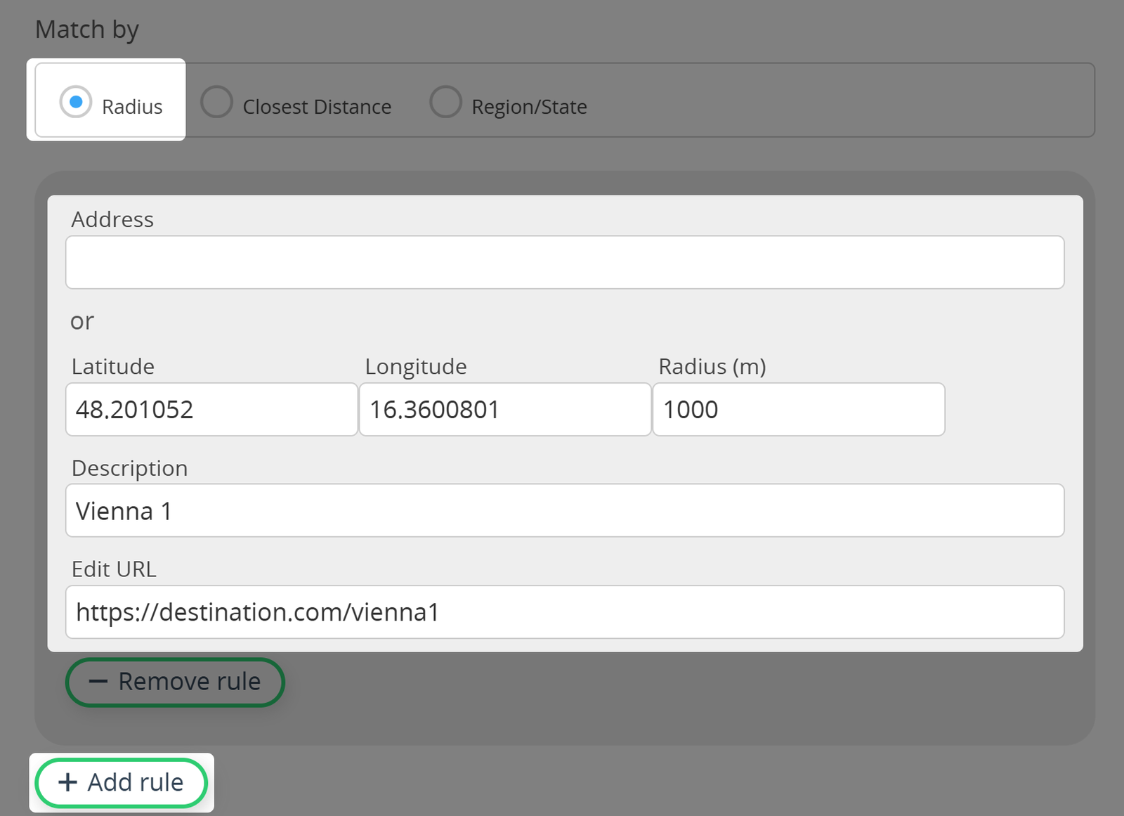 Regra de código QR de delimitação geográfica baseada num raio.