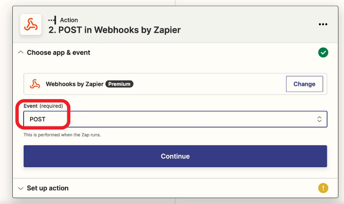 Select Zapier Webhook with POST Event type