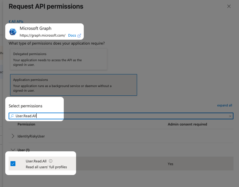 Wählen Sie Microsoft Graph und fügen Sie dann die Berechtigungen "User.Read.All" und "Directory.Read.All" hinzu.