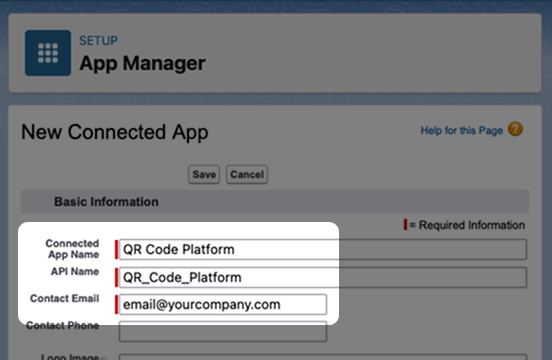 Captura de pantalla: Nombre de la aplicación conectada y correo electrónico de contacto resaltados