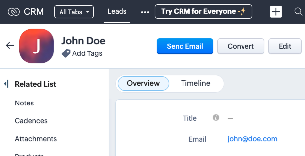 Bildschirmfoto: Zoho CRM Lead Detail für "John Doe"