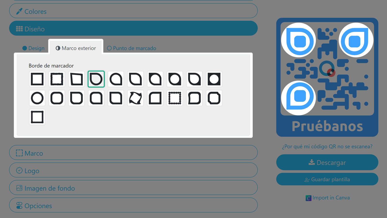 Captura de pantalla de la pestaña «Marcos de ojos con motivos» 