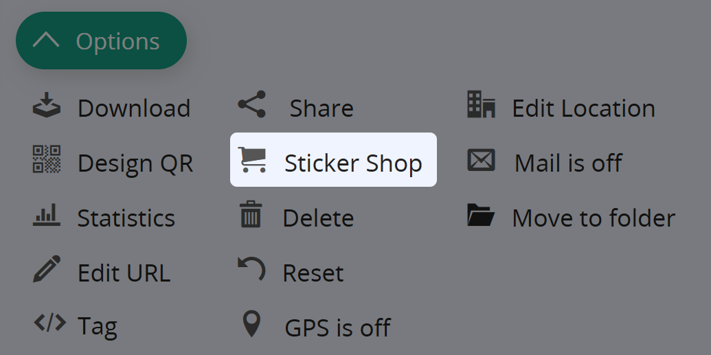 Screenshot del pulsante "Sticker Shop" in QR Code Options 