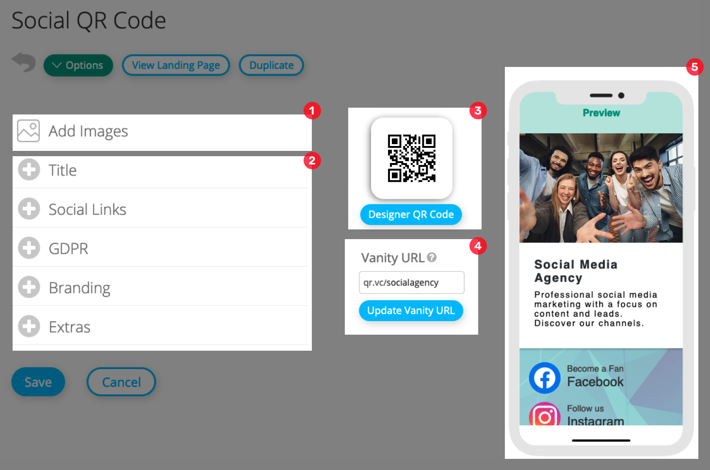 Social Media Landing Page editor