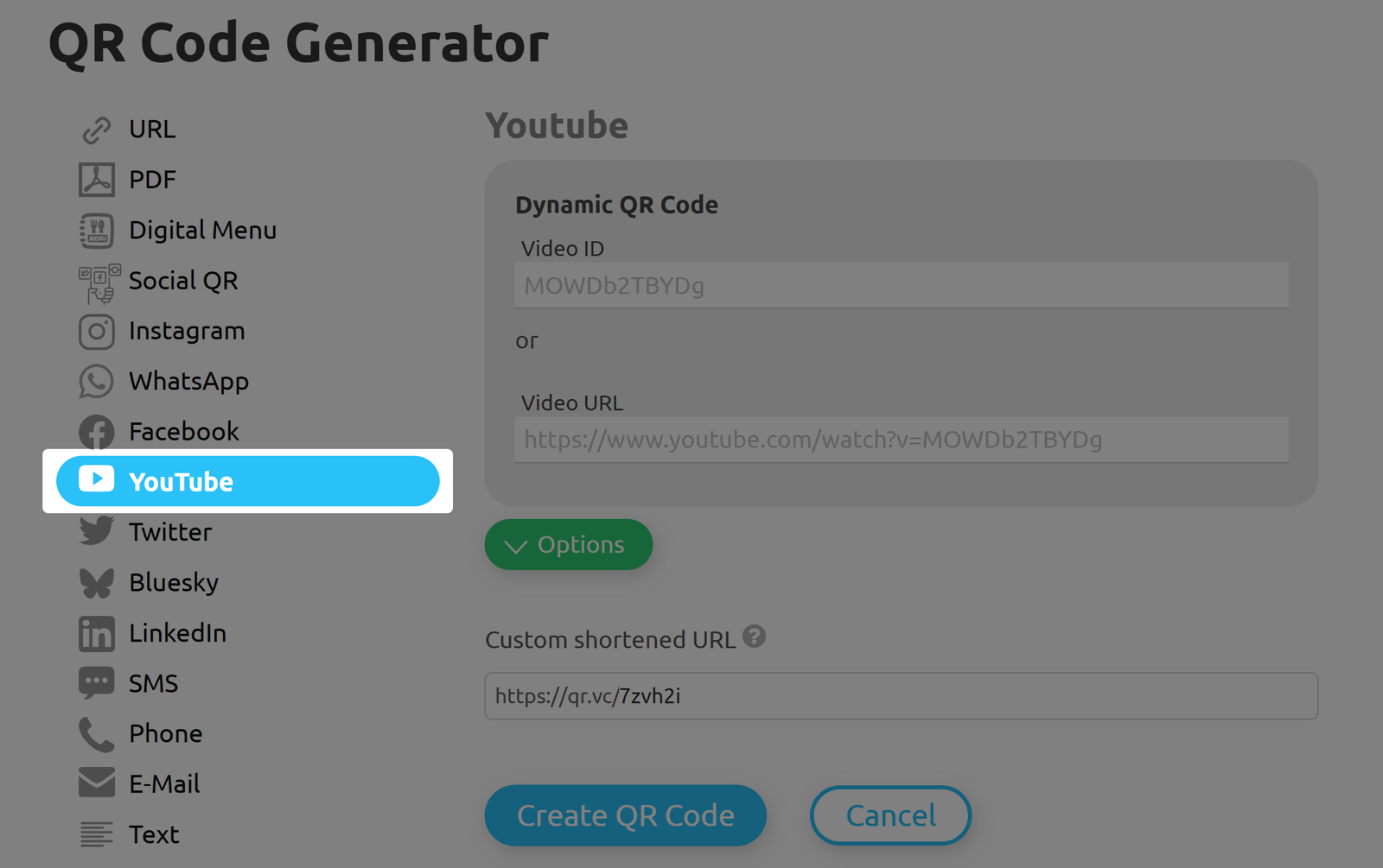 Lista de tipos de códigos QR con el tipo seleccionado YouTube
